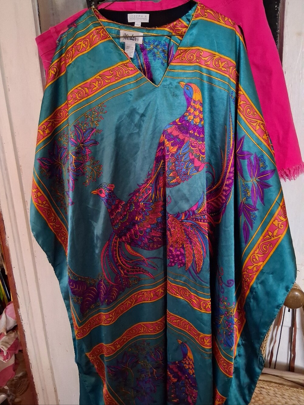 Joseph A Teal Silk-Blend Kaftan Dress with Multicolor Peacock Print